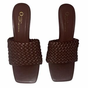 Brown Woven Slide Heel Sandals